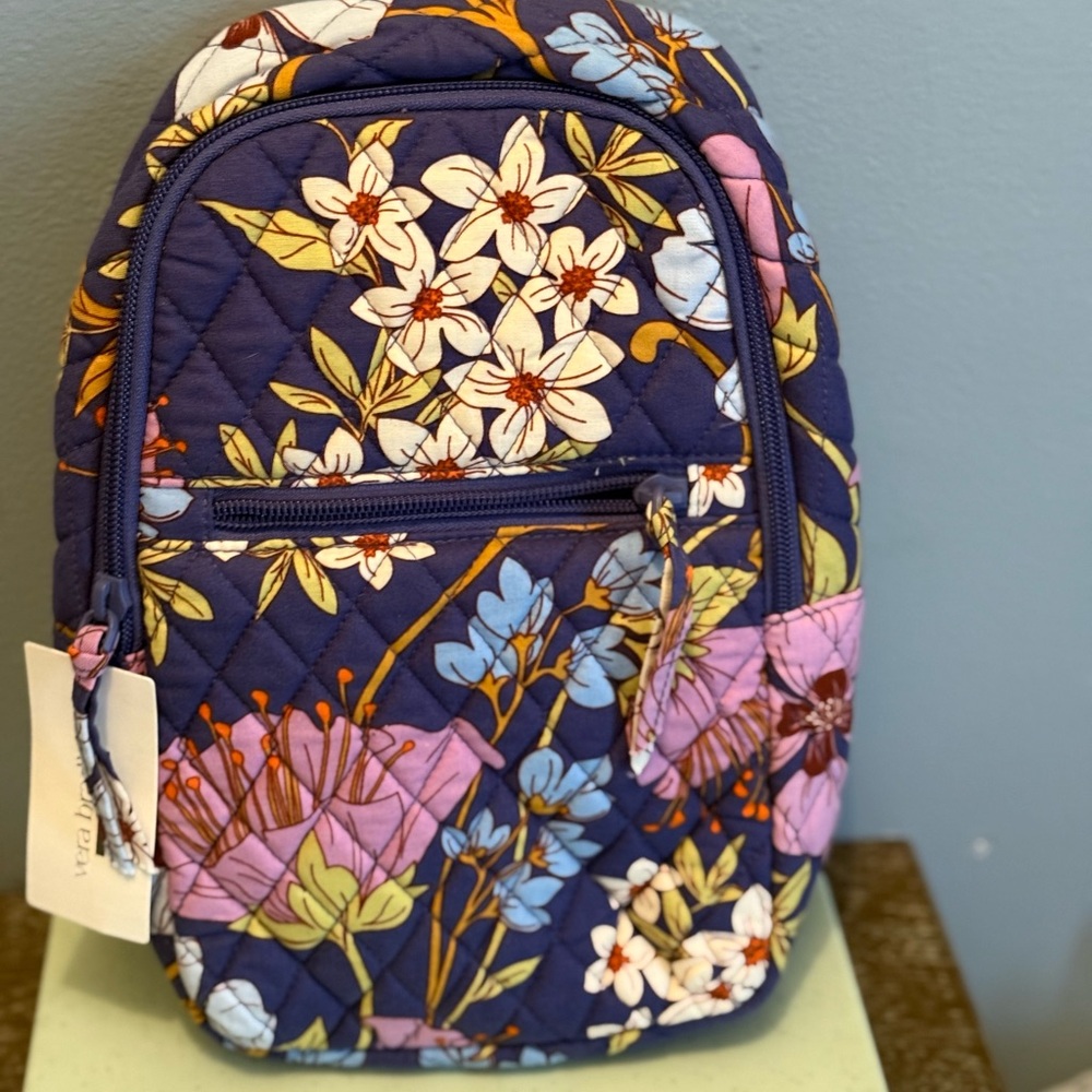 Vera Bradley Navy Quilted Floral sling Backpack with Pink & Blue Accents